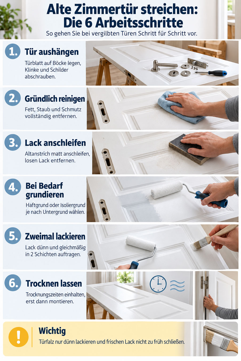 Sechsteilige Anleitung zum Streichen einer Zimmertür mit Bildern zum Aushängen, Reinigen, Anschleifen, Grundieren, Lackieren und Trocknen.