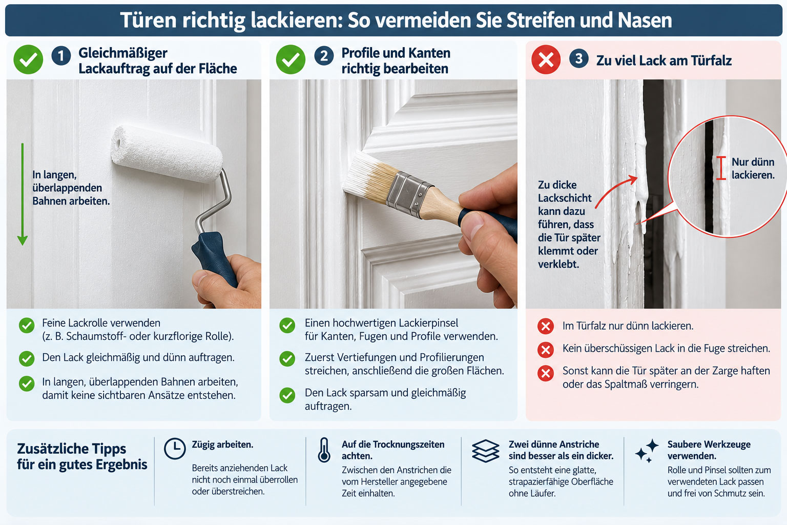 Drei Detailbilder zeigen das Lackieren einer Zimmertür mit Rolle und Pinsel sowie eine zu dicke Lackschicht mit Lacknasen am Türfalz.