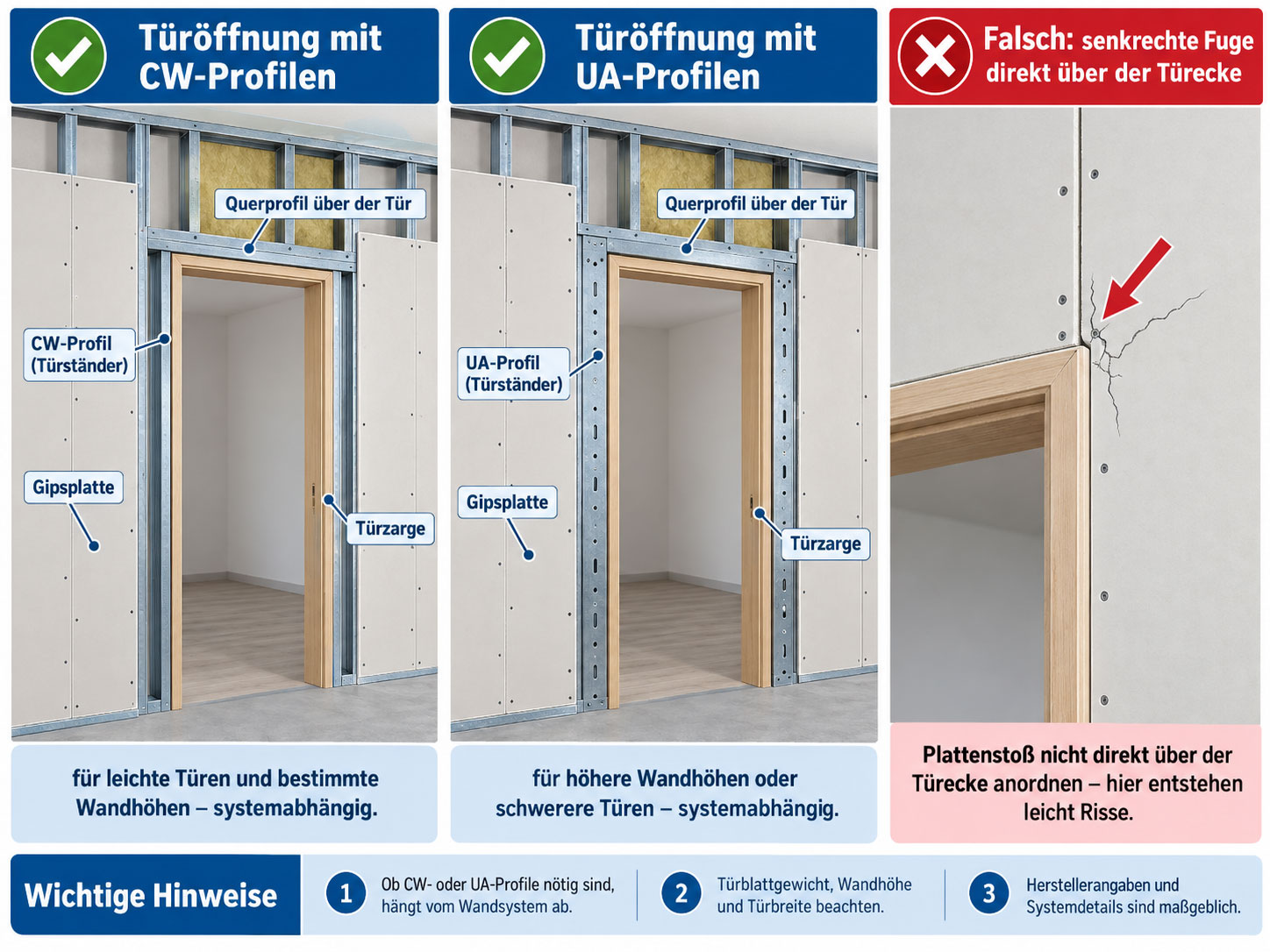 Trockenbau-T&uuml;r&ouml;ffnung mit CW- und UA-Profilen, Querprofil und Vergleich zu einer falsch angeordneten senkrechten Plattenfuge direkt &uuml;ber der T&uuml;recke.