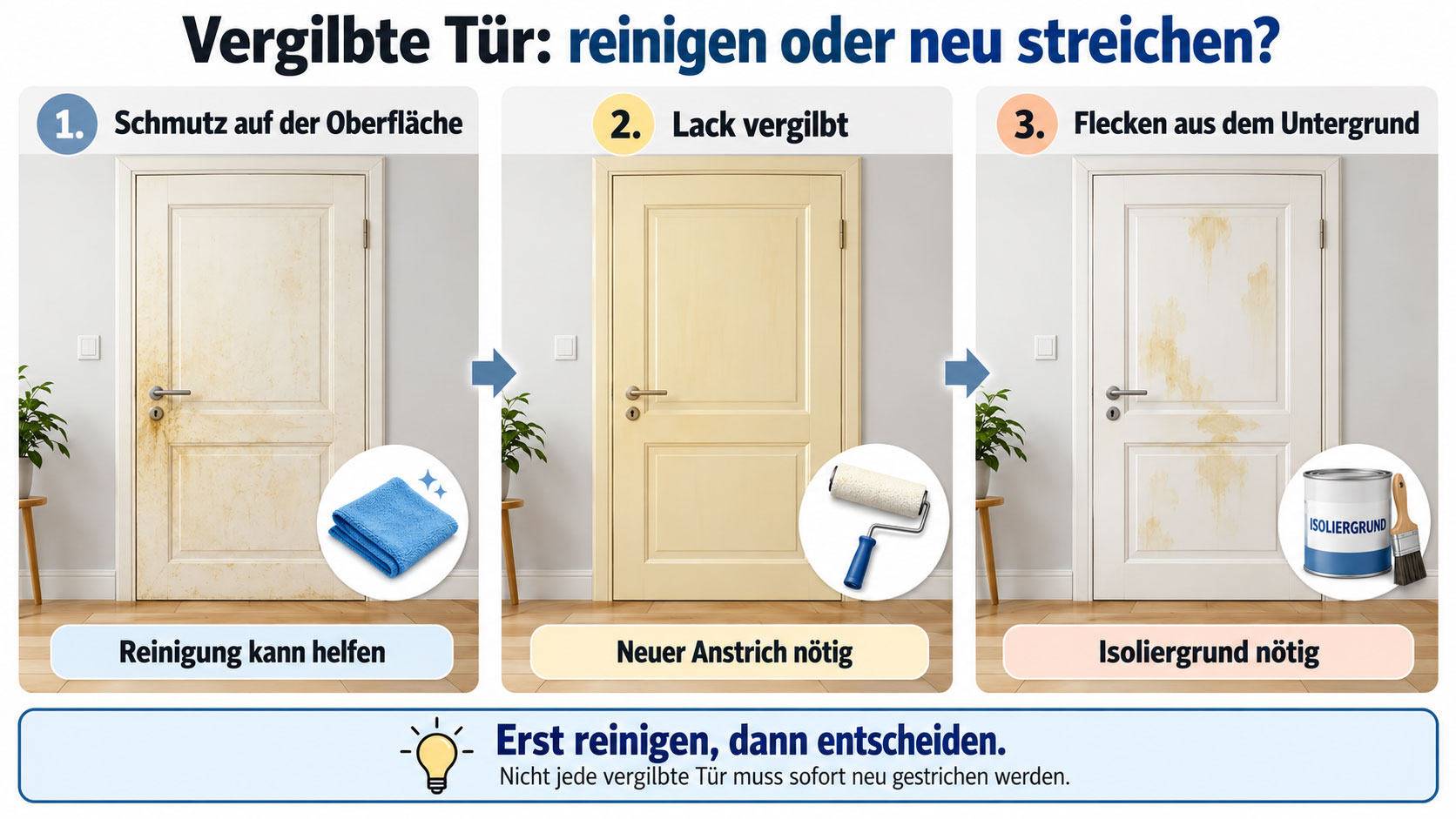 Drei vergilbte Zimmertüren im Vergleich: verschmutzte Oberfläche, gleichmäßig vergilbter Lack und gelbliche Flecken aus dem Untergrund.