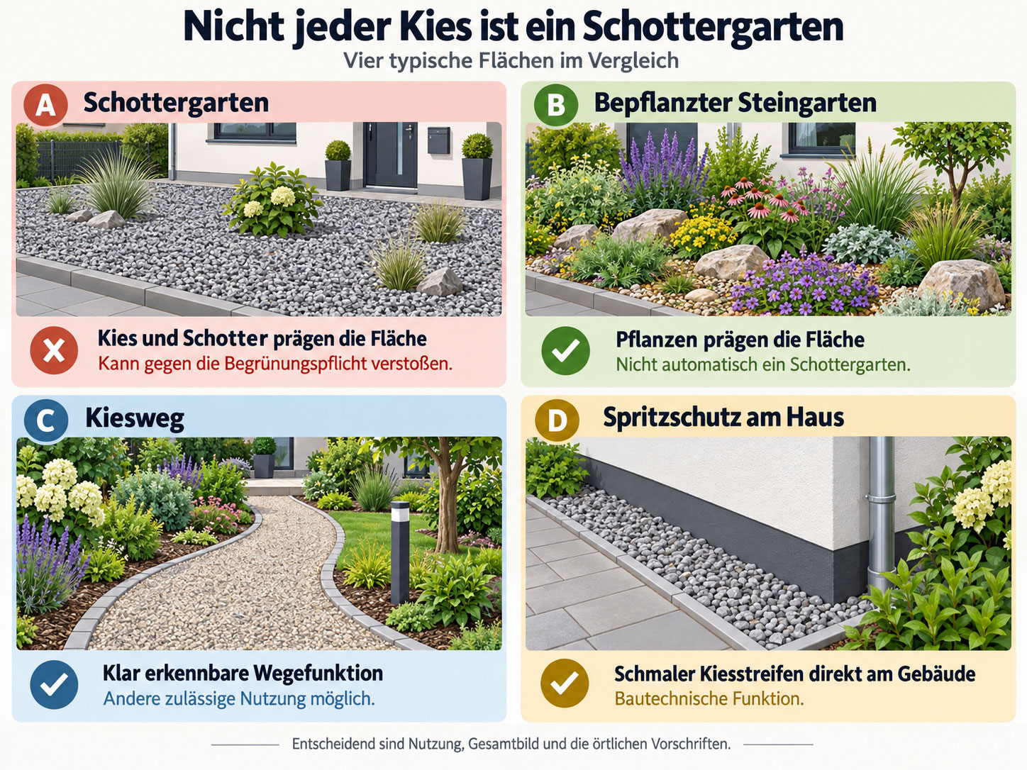 Vergleich von Schottergarten, bepflanztem Steingarten, Kiesweg und Spritzschutz am Haus.