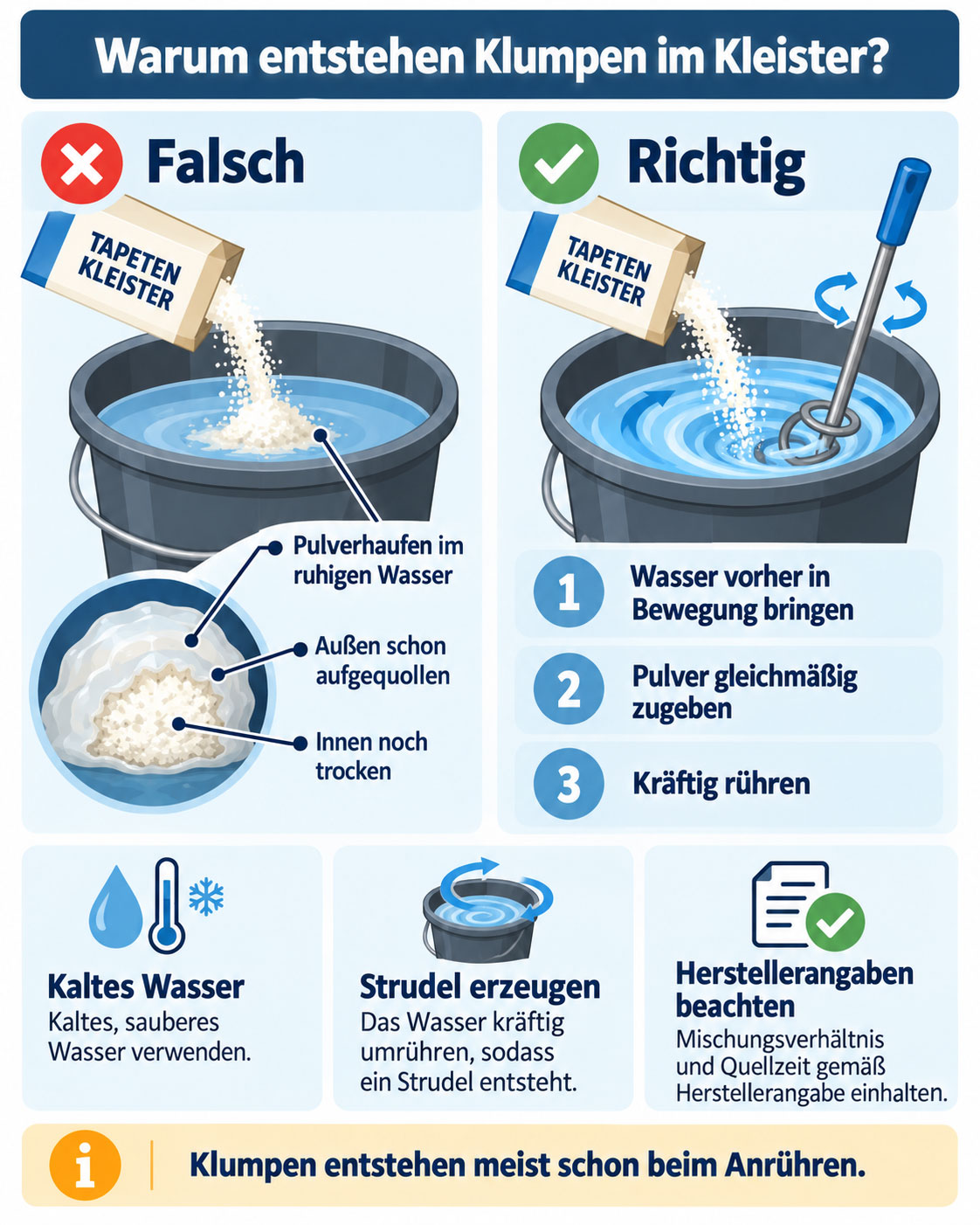 Vergleichsgrafik zeigt falsch angerührten Tapetenkleister mit Pulverklumpen und richtig angerührten Kleister im bewegten Wasser.