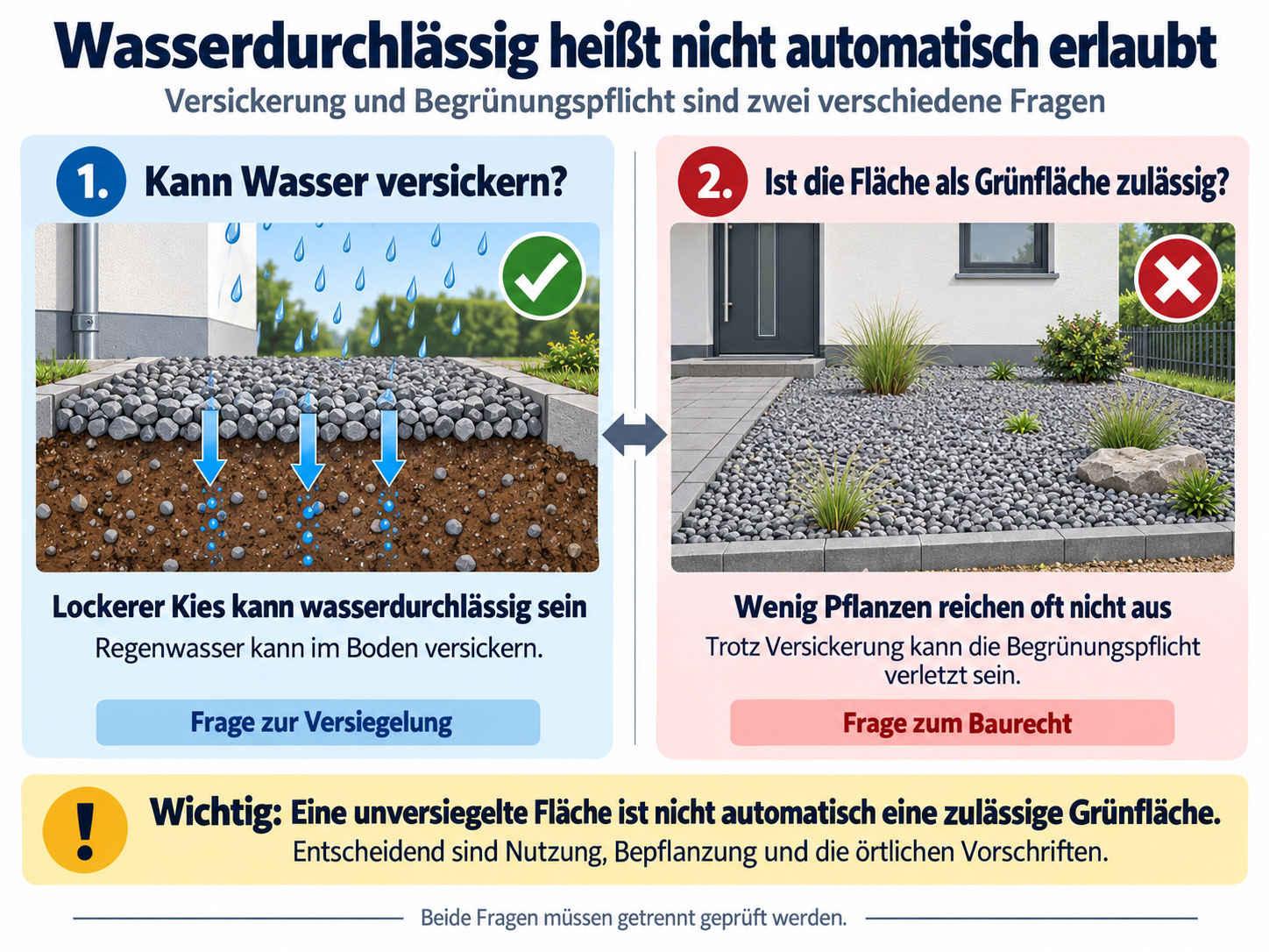 Vergleich zwischen wasserdurchlässiger Kiesfläche und Schottergarten mit wenigen Pflanzen zur Erklärung der Begrünungspflicht.