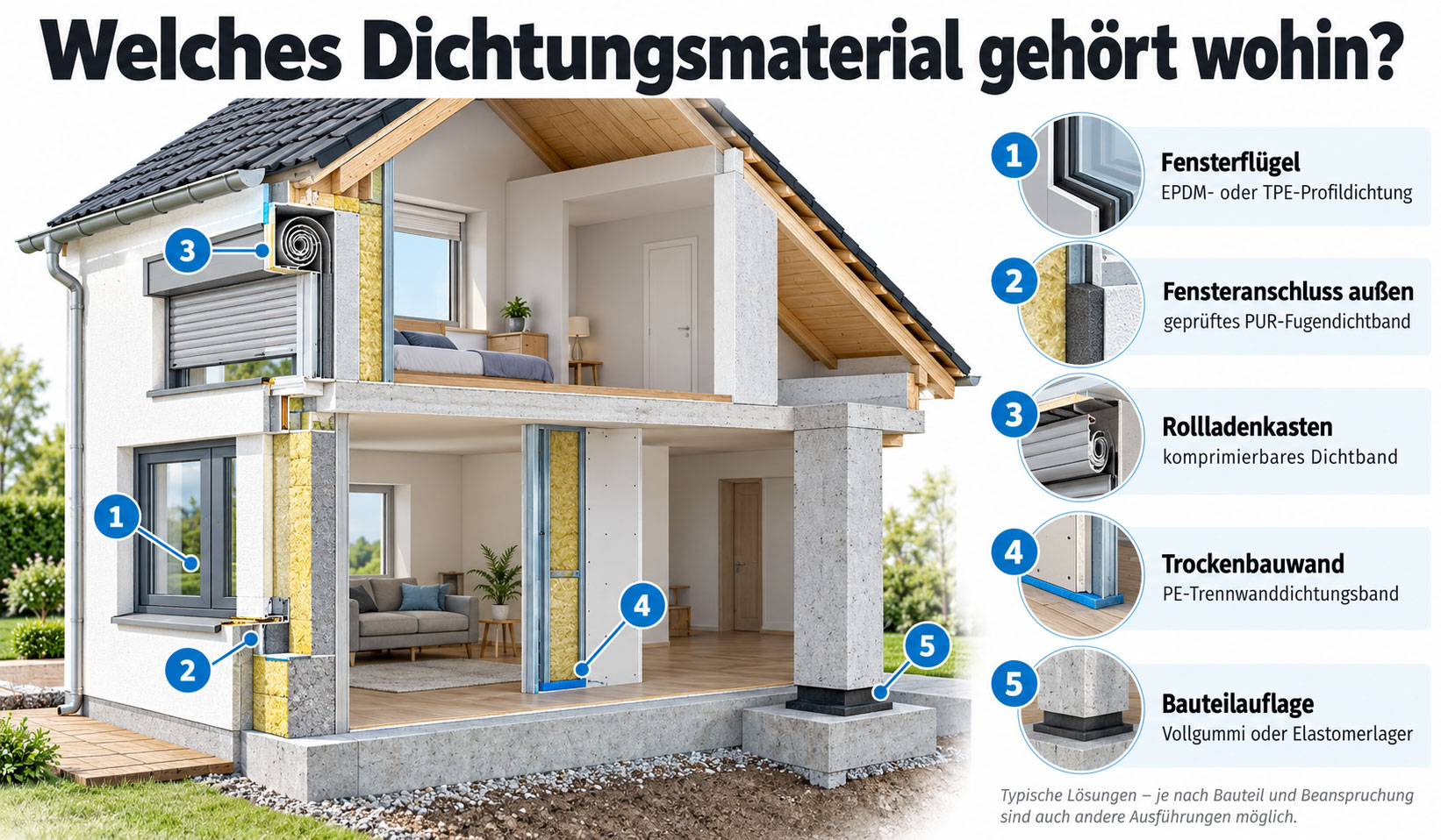 Haus im Querschnitt mit fünf Dichtungsanwendungen: EPDM-Profildichtung am Fenster, PUR-Fugendichtband am Fensteranschluss, Dichtband am Rollladenkasten, PE-Band an der Trockenbauwand und Elastomerlager unter einem Bauteil.