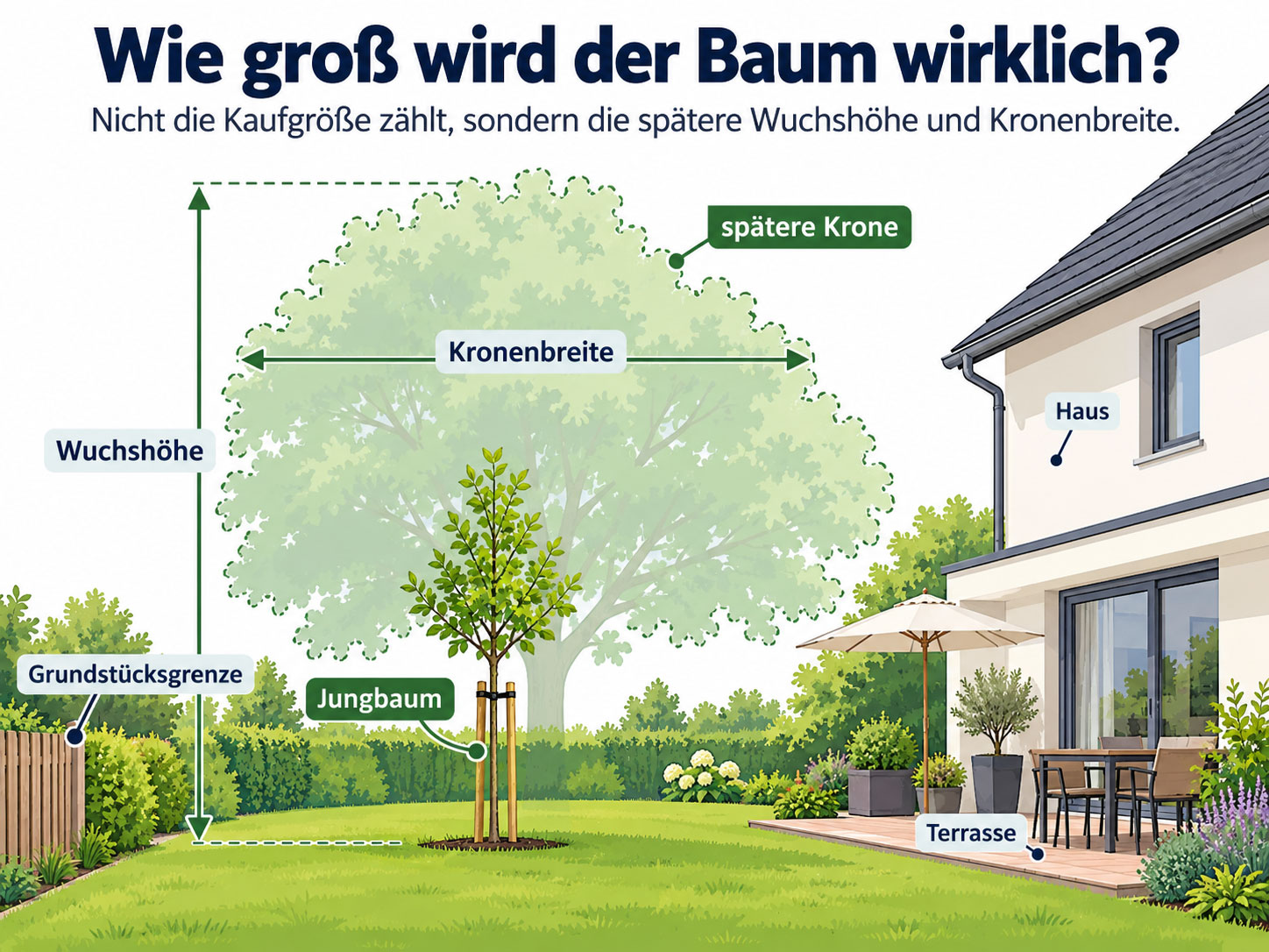 Grafik zeigt einen jungen Baum im Garten und die deutlich gr&ouml;&szlig;ere sp&auml;tere Krone mit Wuchsh&ouml;he, Kronenbreite, Haus, Terrasse und Grundst&uuml;cksgrenze.