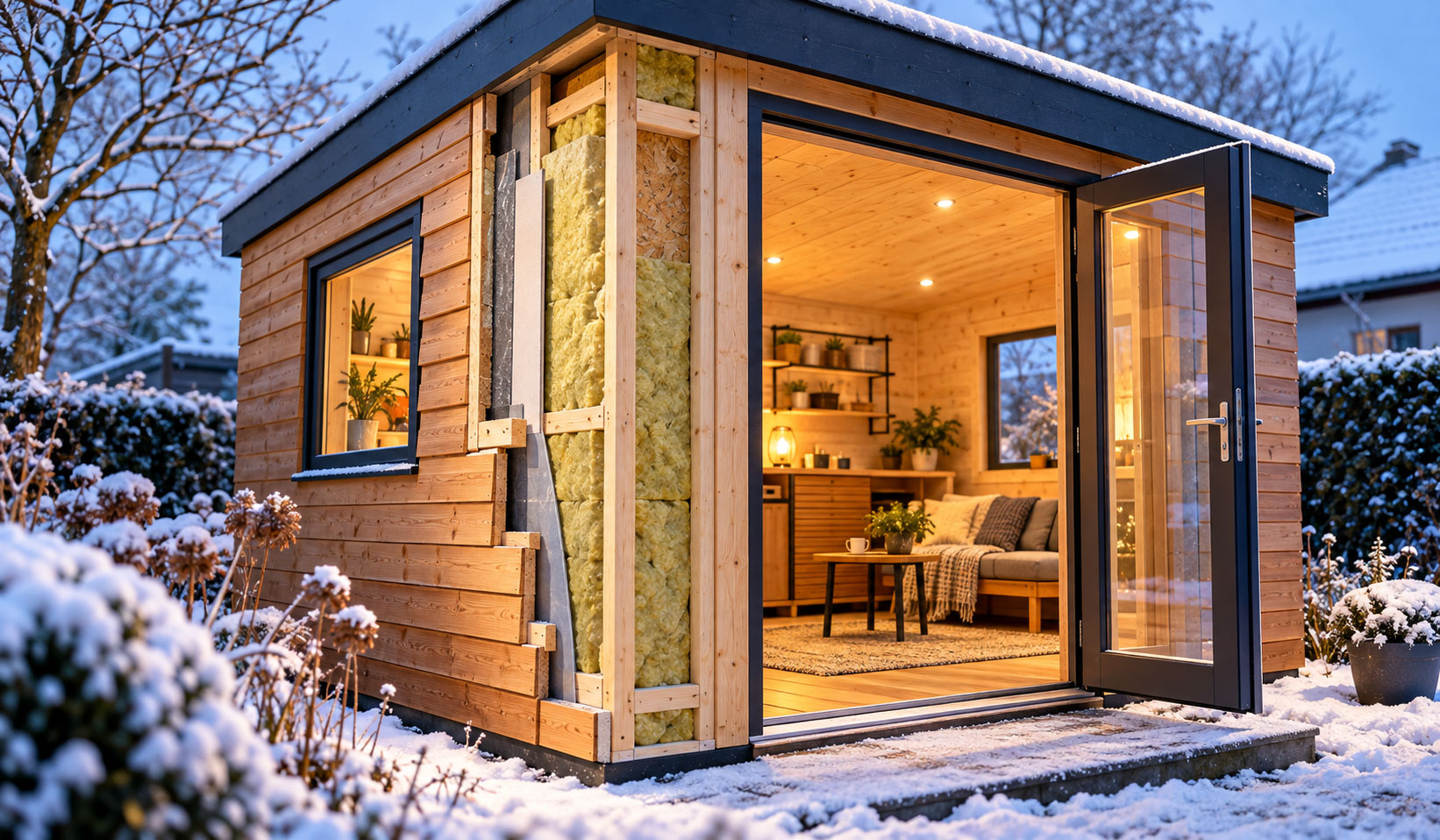 Ged&auml;mmtes Holz-Gartenhaus im Winter mit sichtbarer Wandd&auml;mmung, ge&ouml;ffnetem Eingang und warm beleuchtetem Innenraum.