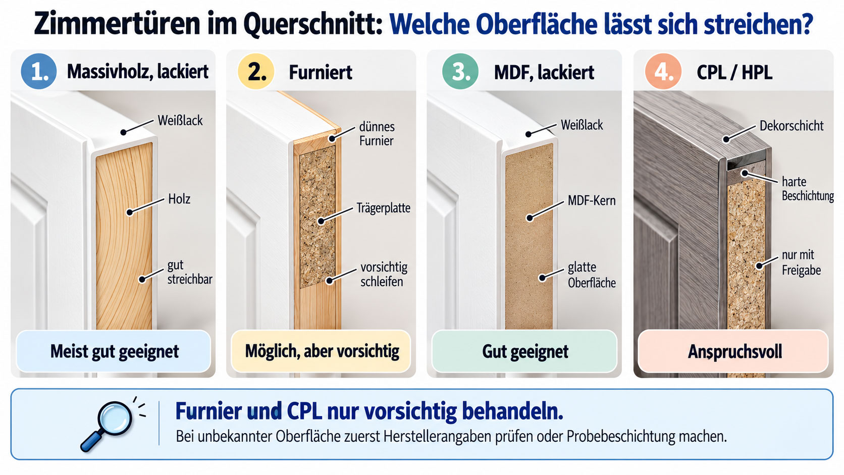 Querschnitte von vier Zimmertüren zeigen lackiertes Massivholz, Furnier auf einer Trägerplatte, lackiertes MDF und eine CPL- beziehungsweise HPL-Beschichtung.