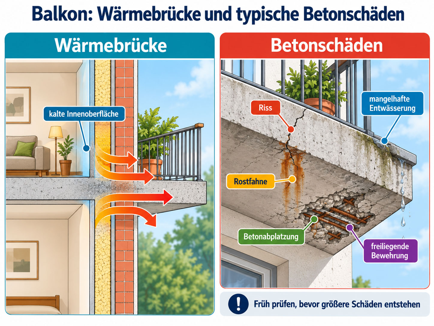 Infografik zu einem auskragenden Balkon mit Wärmebrücke sowie Rissen, Rostfahnen, Betonabplatzungen und freiliegender Bewehrung.