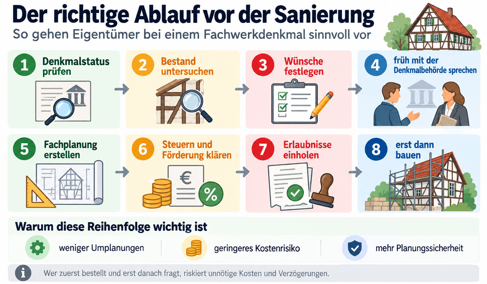 Ablaufgrafik mit acht Schritten für die Sanierung eines denkmalgeschützten Fachwerkhauses von der Prüfung bis zum Baubeginn.