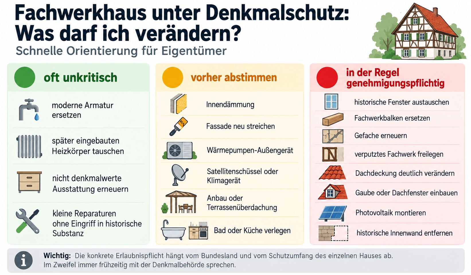 Infografik mit Ampelsystem zu erlaubten und genehmigungspflichtigen Änderungen an einem denkmalgeschützten Fachwerkhaus.