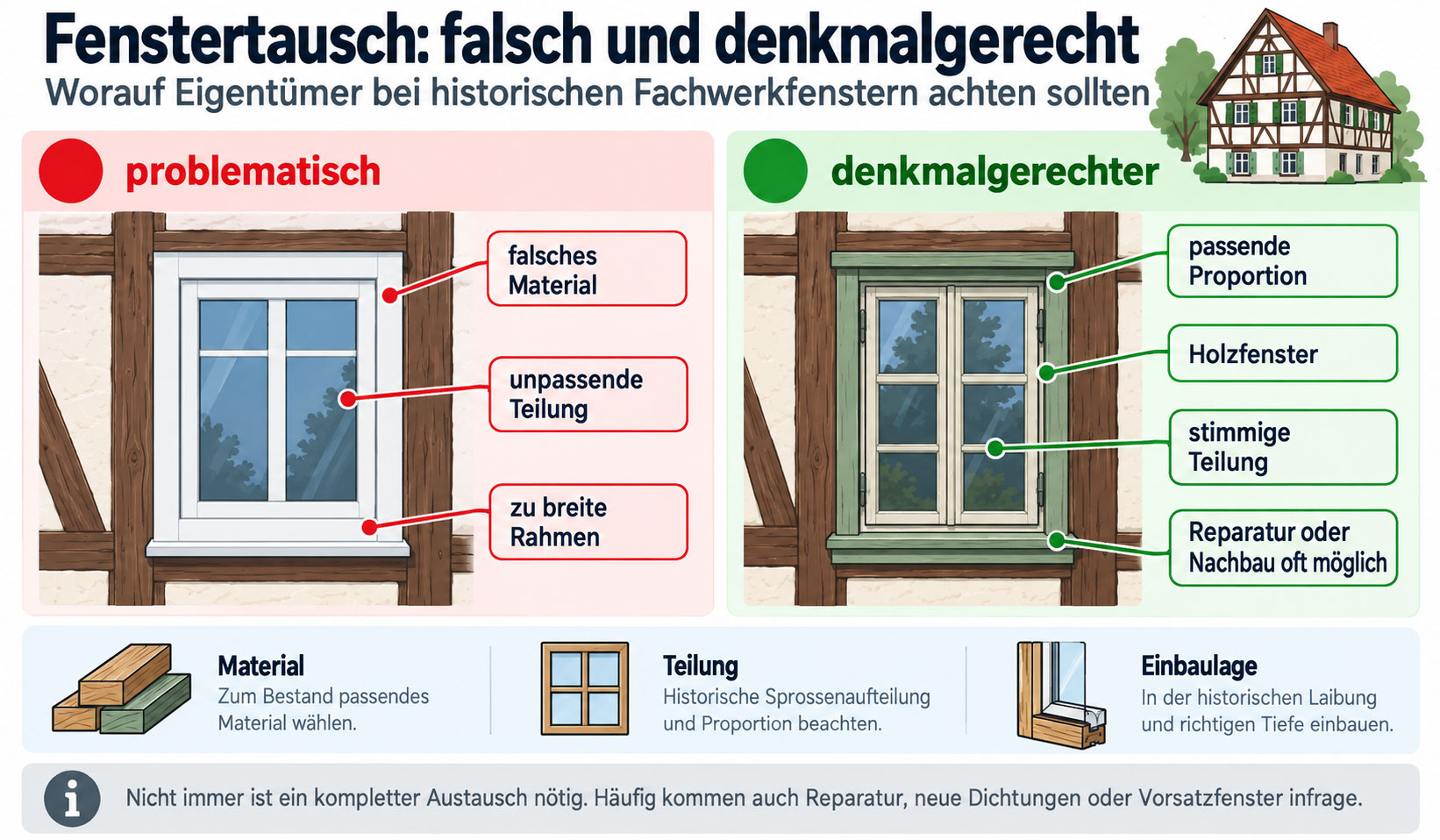 Vergleich zwischen unpassendem modernem Fenster und denkmalgerechtem Holzfenster in einer Fachwerkfassade.