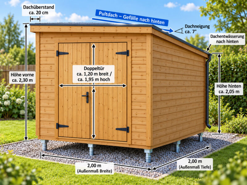 Geräteschuppen aus Holz mit 2 × 2 Metern Grundfläche, Pultdach, Doppeltür und sechs Schraubankern.