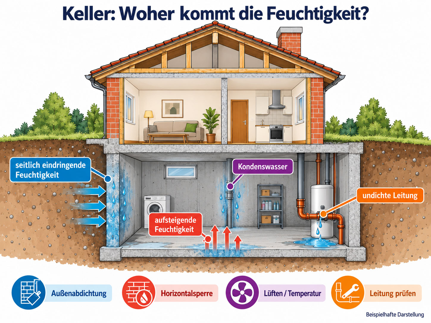 Hausquerschnitt mit vier Ursachen für Kellerfeuchtigkeit: seitlich eindringende Feuchte, aufsteigende Feuchtigkeit, Kondenswasser und undichte Leitung.