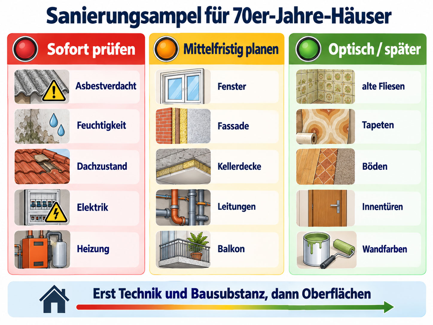 Sanierungsampel für Häuser aus den 1970er-Jahren mit den Kategorien sofort prüfen, mittelfristig planen und optisch später erledigen.