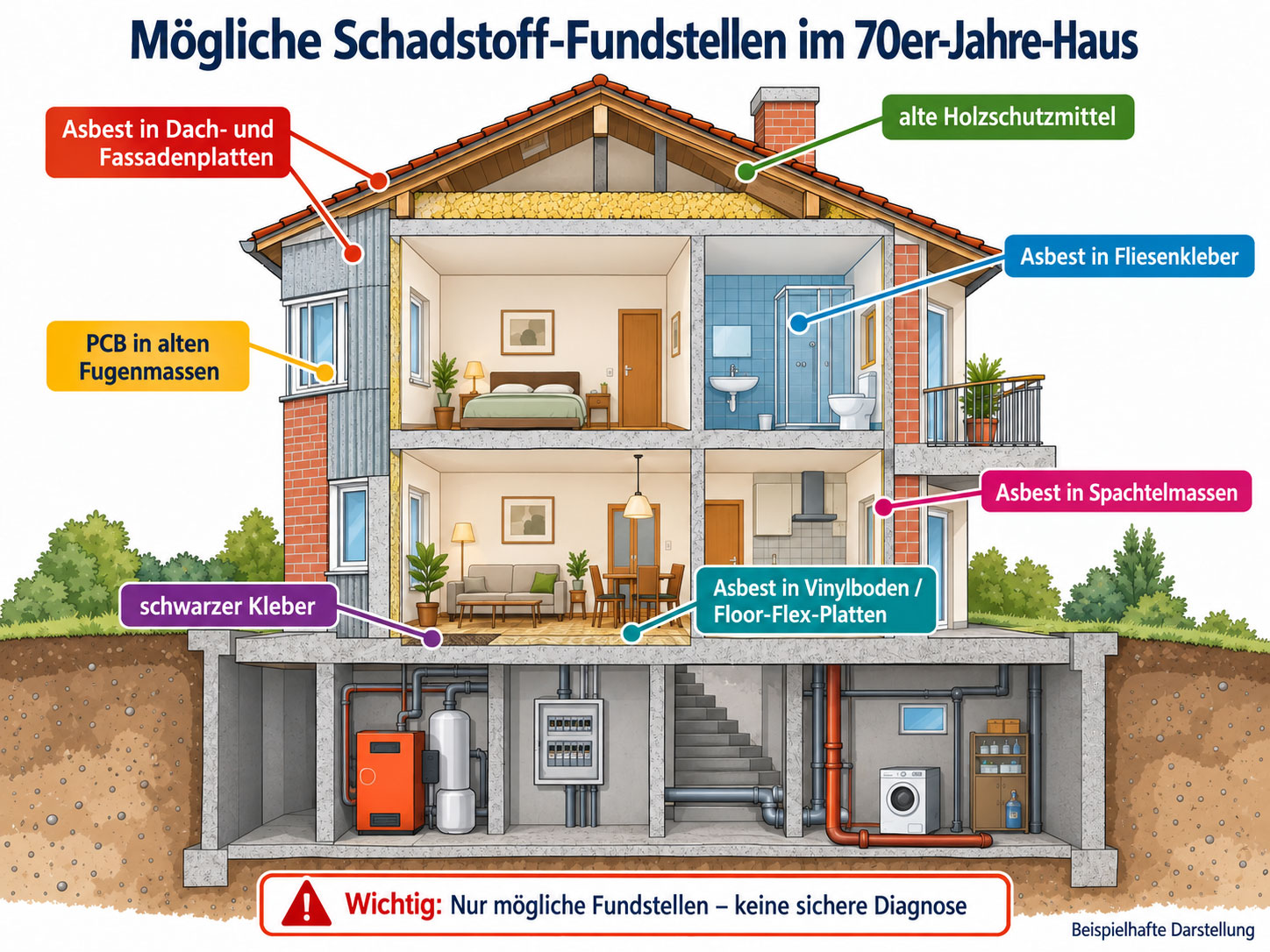 Hausquerschnitt mit möglichen Schadstoff-Fundstellen wie Asbest in Dachplatten, Fliesenkleber und Bodenbelägen, PCB in Fugenmassen und alten Holzschutzmitteln.