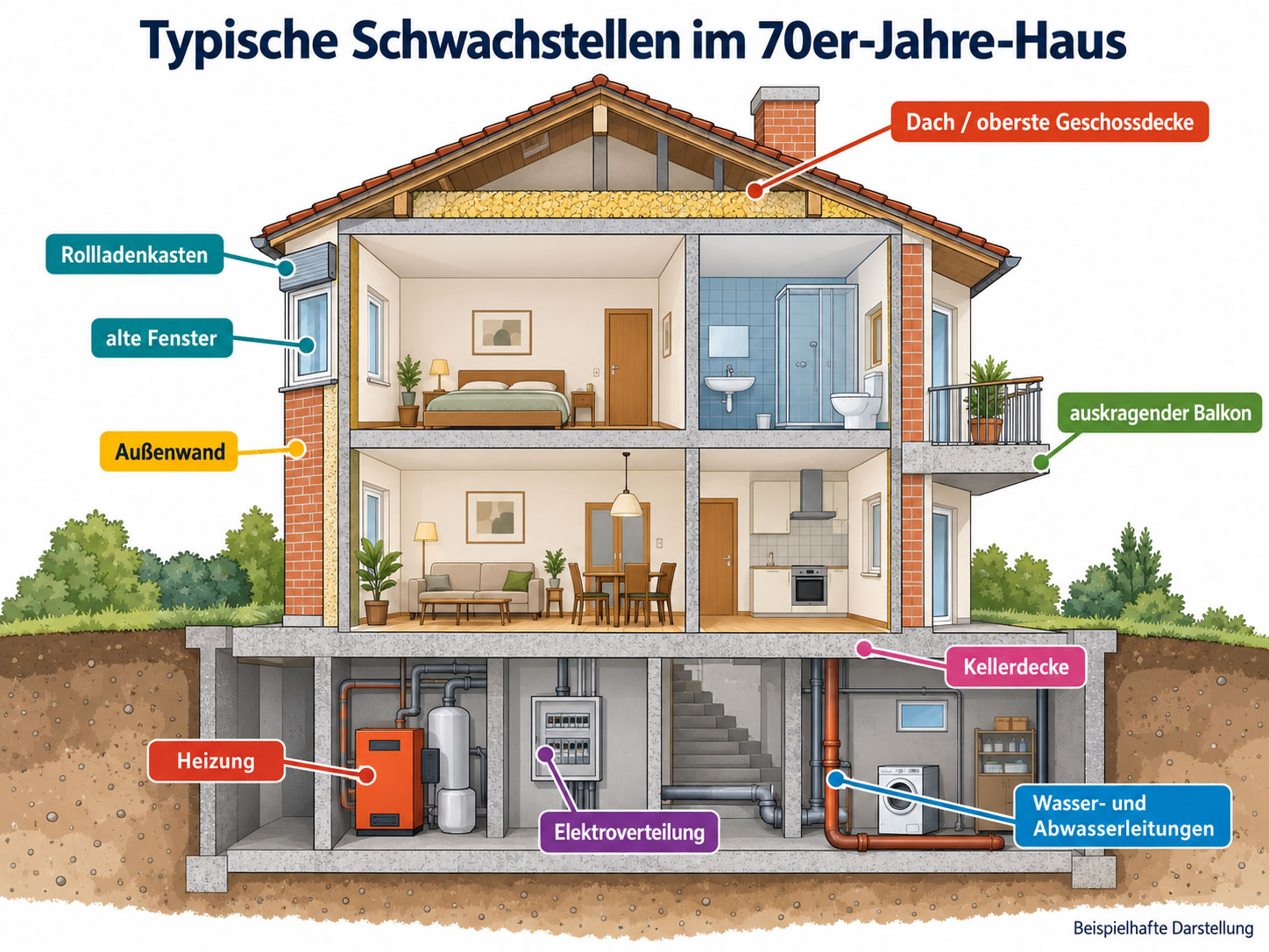 Schnitt durch ein Einfamilienhaus aus den 1970er-Jahren mit markierten Schwachstellen an Dach, Fenstern, Balkon, Kellerdecke, Heizung, Elektrik und Leitungen.