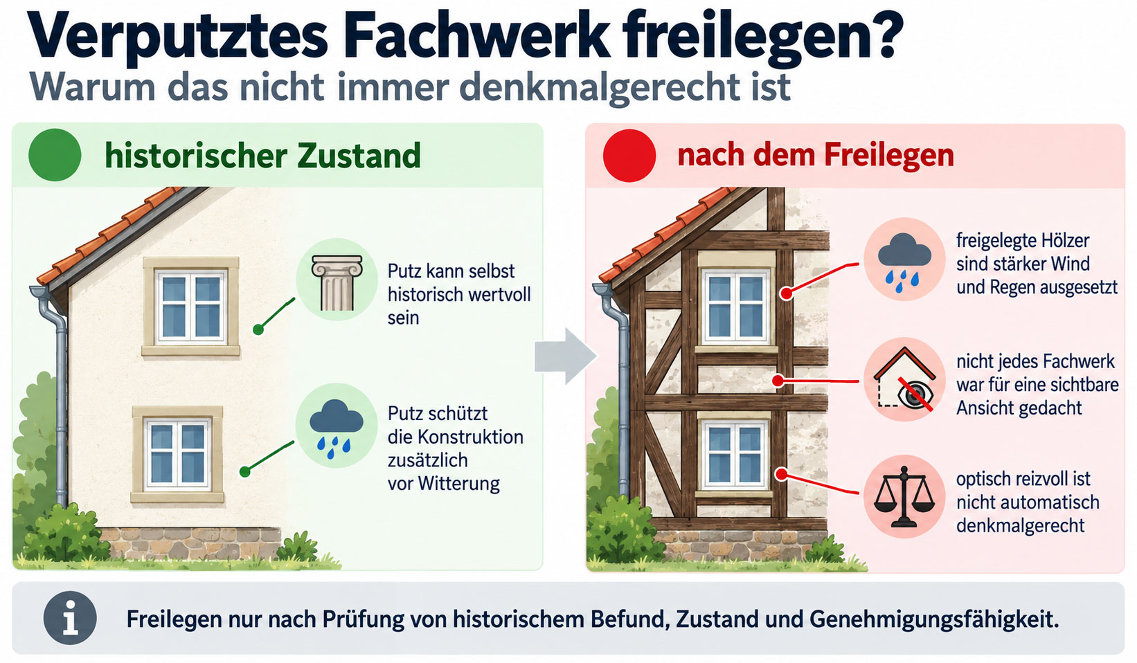 Vergleich eines verputzten Fachwerkhauses mit freigelegtem Fachwerk und Hinweisen zu Denkmalschutz und Witterungsschutz.
